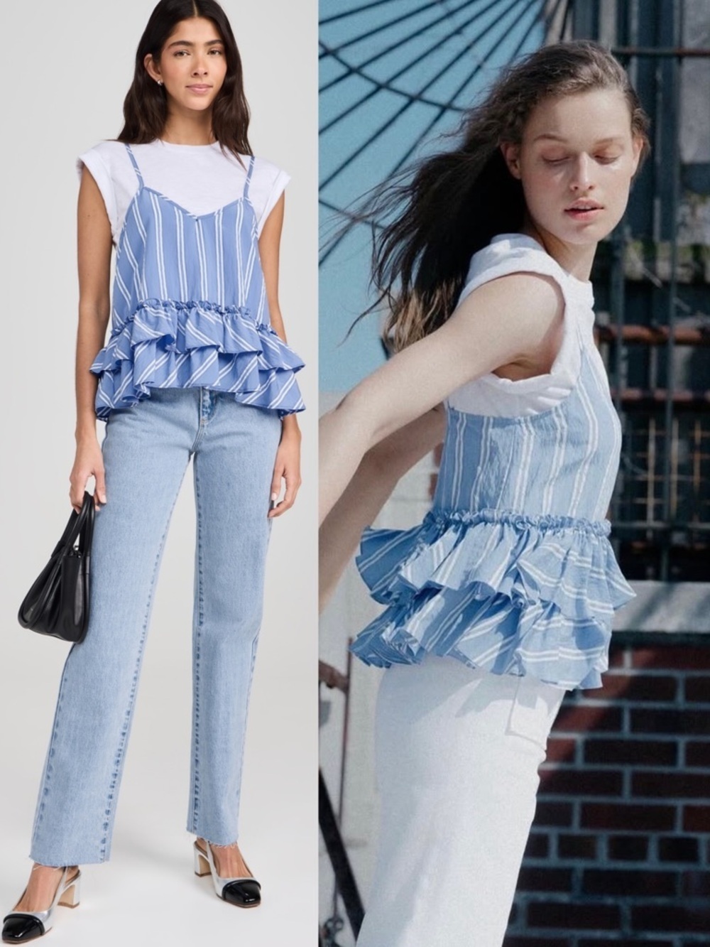 Cinq à Sept Samantha Seersucker Layered Look Top Blue & White Stripe Ruffle Hem